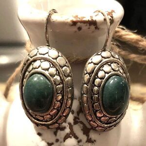 Oval Earrings Teal Center Stone Silver Tone